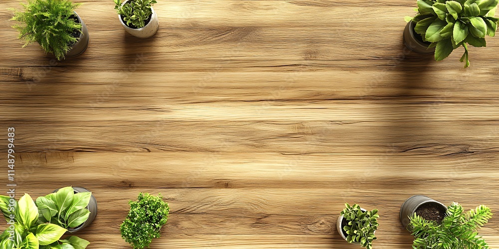 Wooden Tabletop Decorated With Small Potted Plants Wooden Tabletop Decorated With Small Potted Plants