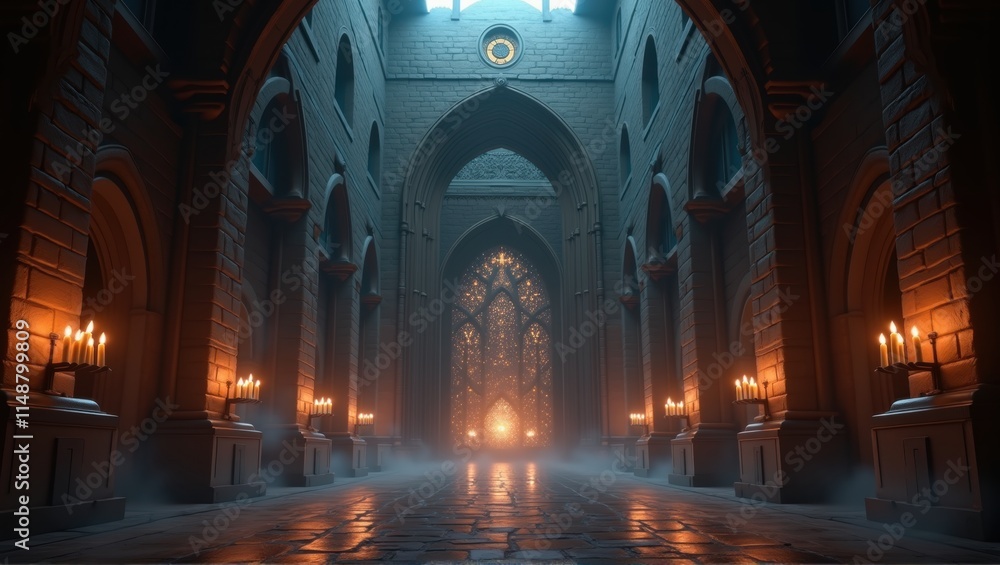 A grand hall with robed figures holding staffs, illuminated by golden chandeliers, as a magical blue lightning bolt descends from a glowing dome above. Generative, AI, A grand hall with robed figures holding staffs, illuminated by golden chandeliers, as a magical blue lightning bolt descends from a glowing dome above. Generative, AI,