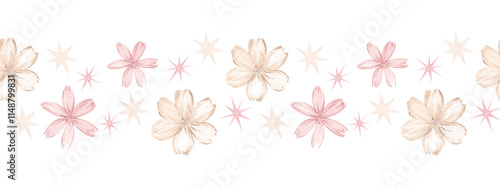 Watercolor seamless border with cute pink flowers and stars. Cute, gentle pink and beige border, pastel gentle colors. Design and decoration of banner, ribbons, tape, scrapbooking.