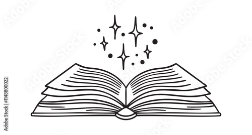 Open library book magic of reading, shining with stars doodle hand drawn icon. Outline drawing open book line clipart symbol