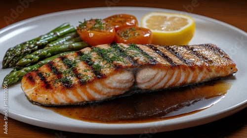 Grilled salmon fillet with asparagus, tomatoes, and lemon. (3) photo