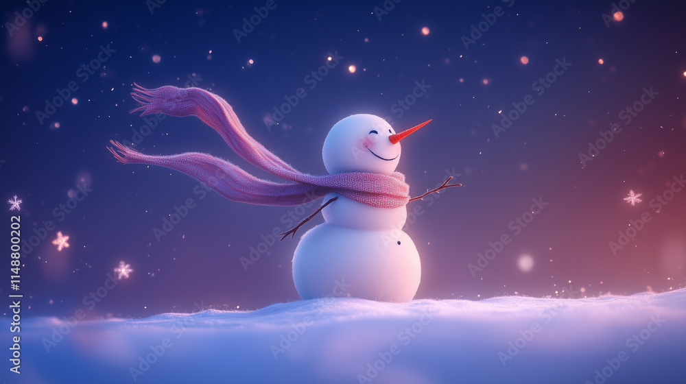 Obraz premium Cute snowman with scarf blowing in the winter breeze, stars twinkling against a serene snowy background-1