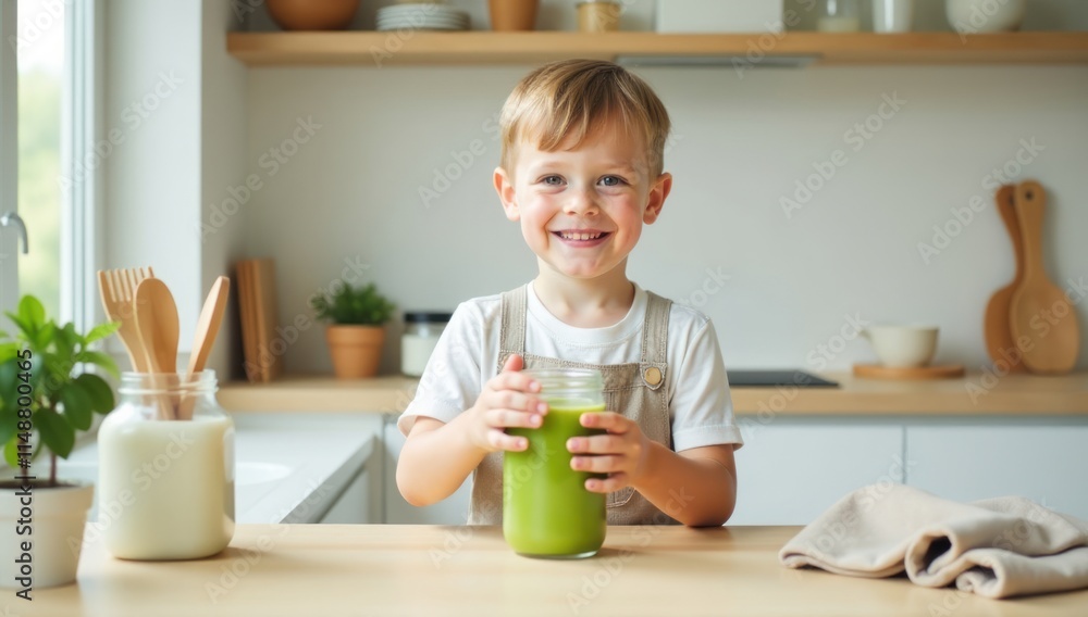 Eco Friendly Minimalist Kitchen with Young Boy Using Reusable Items. Ideal for promoting eco products, sustainable living campaigns, or minimalist lifestyle blogs Eco Friendly Minimalist Kitchen with Young Boy Using Reusable Items. Ideal for promoting eco products, sustainable living campaigns, or minimalist lifestyle blogs