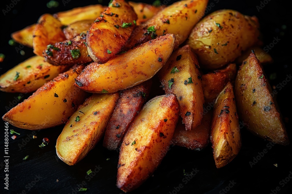 Crispy fried potato wedges. Close-up view. Delicious food. Cooked potatoes. Tasty food. Ideal for restaurant menu. Perfect for dinner. Healthy food. Perfect snack. Isolated on black background. Crispy fried potato wedges. Close-up view. Delicious food. Cooked potatoes. Tasty food. Ideal for restaurant menu. Perfect for dinner. Healthy food. Perfect snack. Isolated on black background.