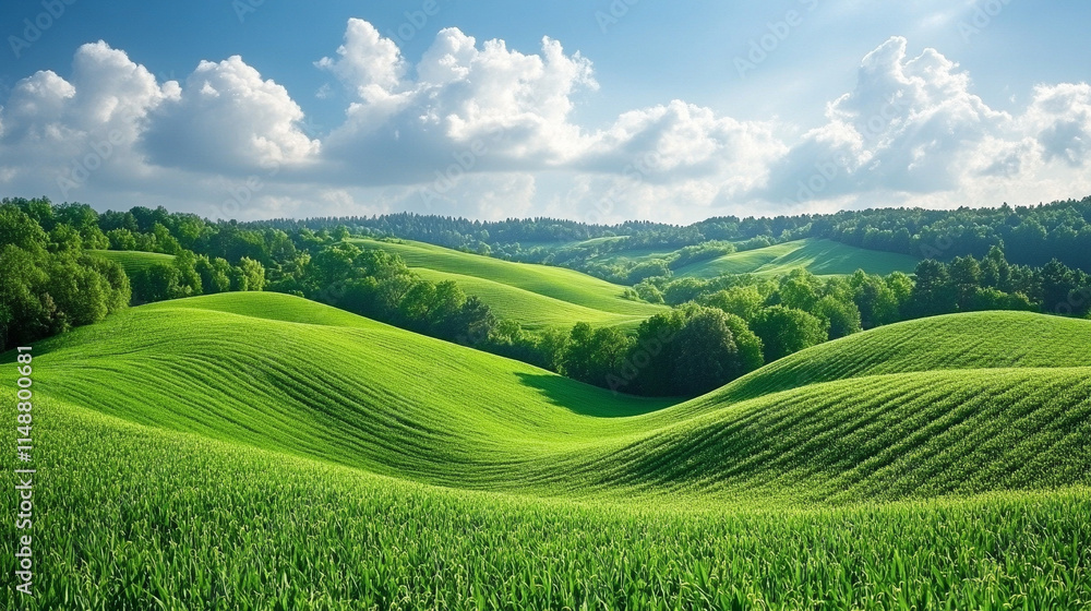 serene landscape of lush green hills and expansive meadows under a bright blue sky with fluffy white clouds, symbolizing peace, tranquility, and harmony in nature serene landscape of lush green hills and expansive meadows under a bright blue sky with fluffy white clouds, symbolizing peace, tranquility, and harmony in nature