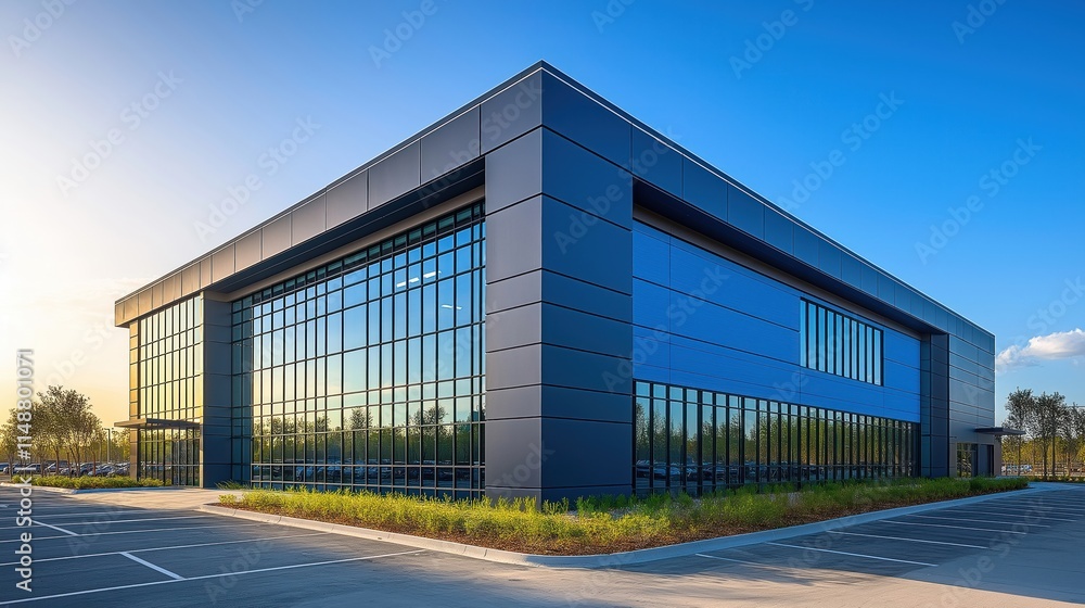 Fototapeta premium Modern office building with sleek blue, grey exterior. Contemporary design emphasizes natural light, green spaces. Commercial building in urban setting. Parking lot nearby. Focuses on eco-friendly