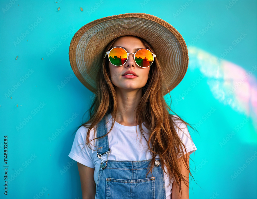 Fototapeta premium Chic Woman in White T-Shirt and Denim Overalls Posing with a Straw Hat Against a Light Blue Wall.