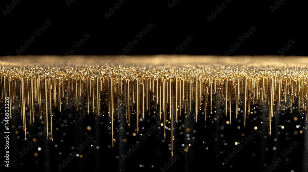 Abstract golden glittering particles forming vertical lines on a black background. Luxury and festive concept Abstract golden glittering particles forming vertical lines on a black background. Luxury and festive concept