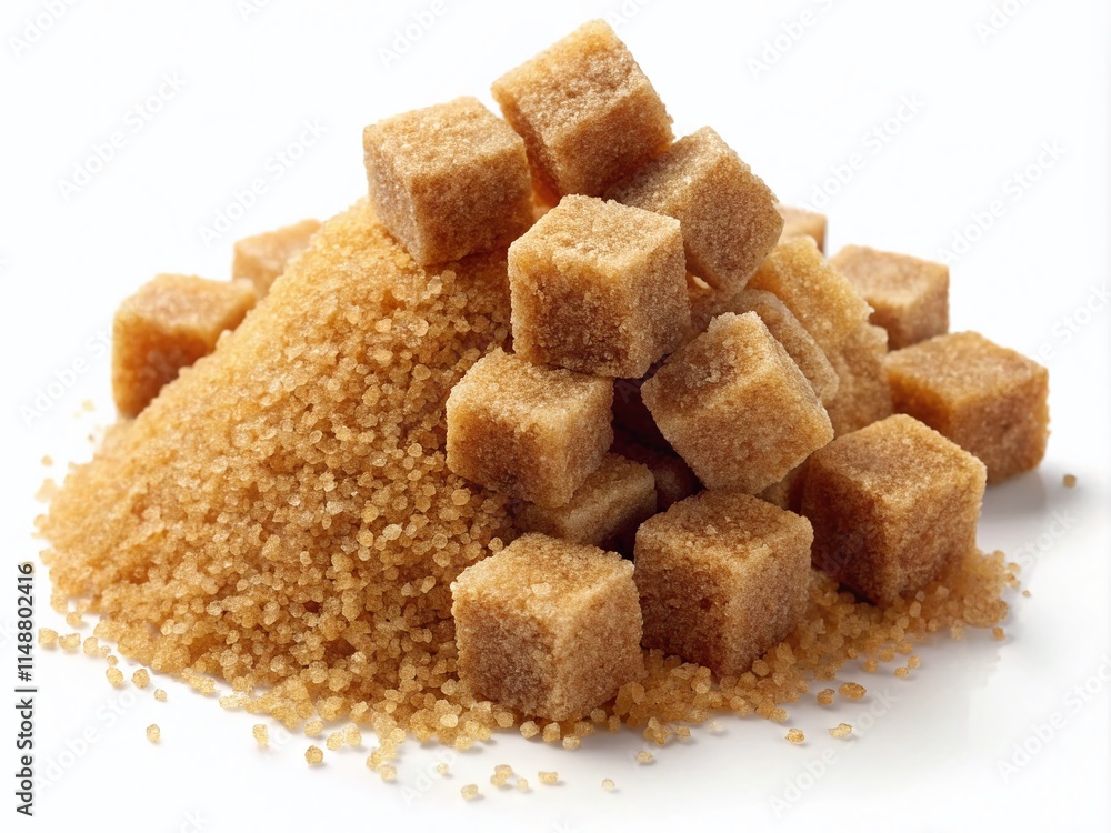 Brown Cane Sugar Granulated & Cubes Isolated on White Background - Stock Photo Brown Cane Sugar Granulated & Cubes Isolated on White Background - Stock Photo