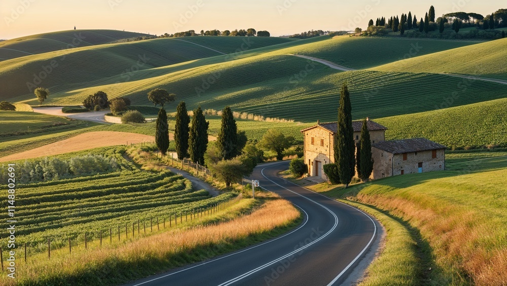 Naklejka premium Rolling Hills of Tuscany, Italy at Sunrise, Captured in Beautiful Detail, Showcasing the Majestic Beauty of the Countryside Landscape
