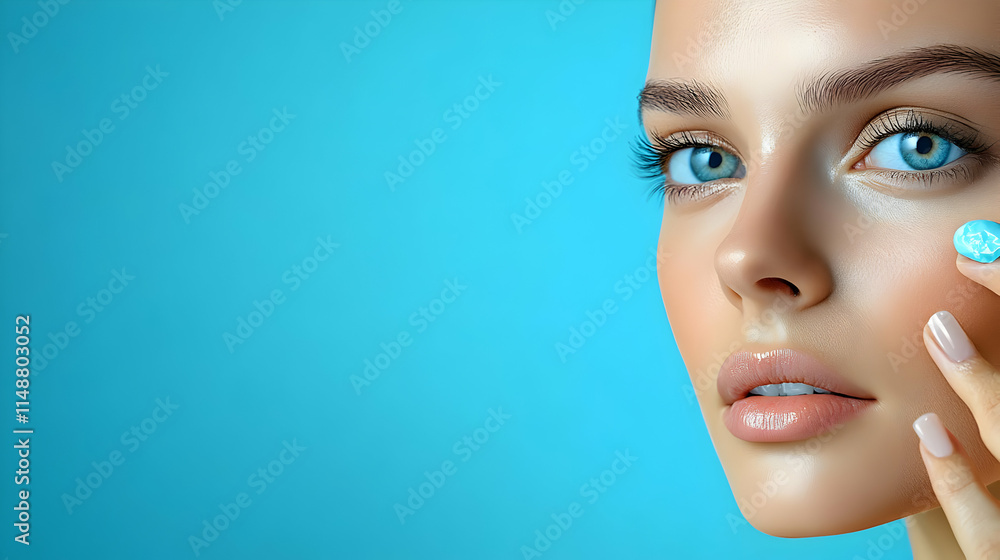 Fototapeta premium Close Up Person Applying Eye Cream Glossy Background Eye Care Self Care Ample Copy Space