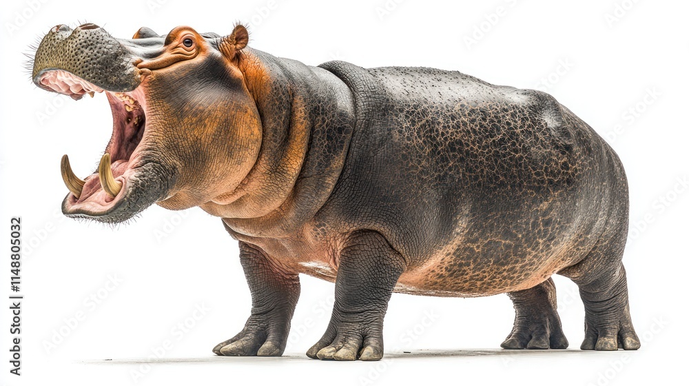 Naklejka premium Hippopotamus roaring with mouth wide open, isolated. (2)