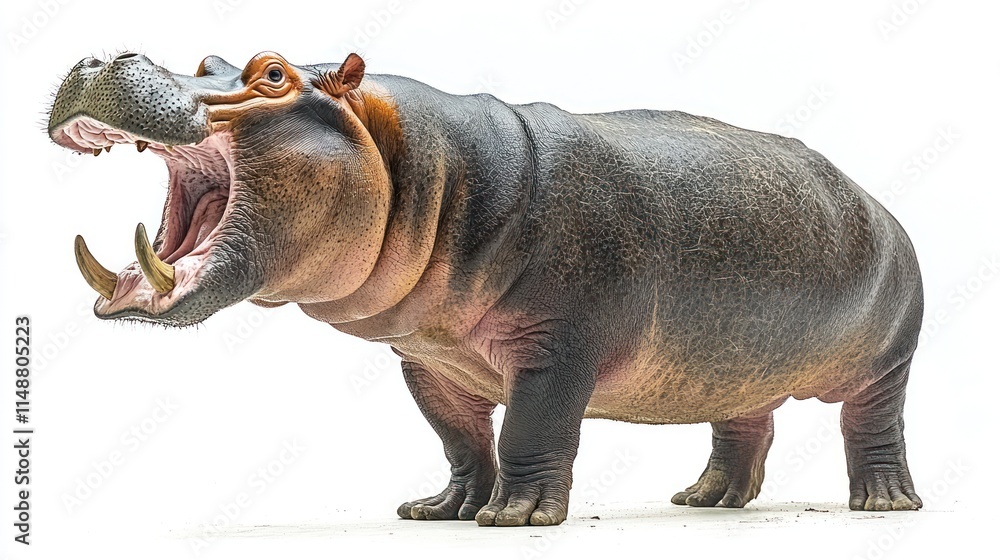 Fototapeta premium Hippopotamus roaring with mouth wide open, isolated. (1)