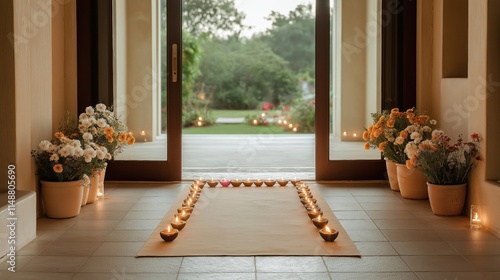 Home entrance decorated for Diwali. Flowers in terracotta pots flank path of diyas. Paper rangoli laid out between flowers. Diwali lights, festive floral decorations create welcoming atmosphere. Warm photo