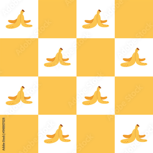 Checkered pattern with stylish banana peel  print. Abstract tropical fruit vector seamless pattern