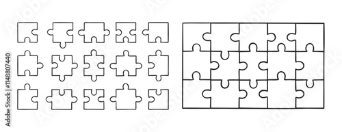 puzzle pieces doodle hand drawn icon set. Outline drawing puzzle pieces line clipart symbol collection