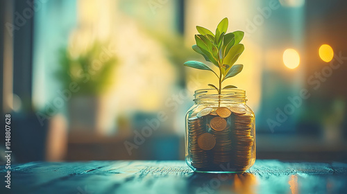 Plant sprouting from coins, illustrating the growth of investments and savings
