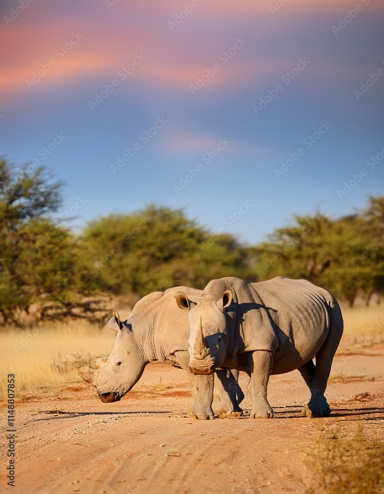 Fototapeta premium Two white rhinoceros, rhino portrait, wildlife safari and game drive in the Kalahari desert