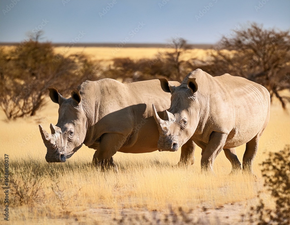 Obraz premium Two white rhinoceros, rhino portrait, wildlife safari and game drive in the Kalahari desert