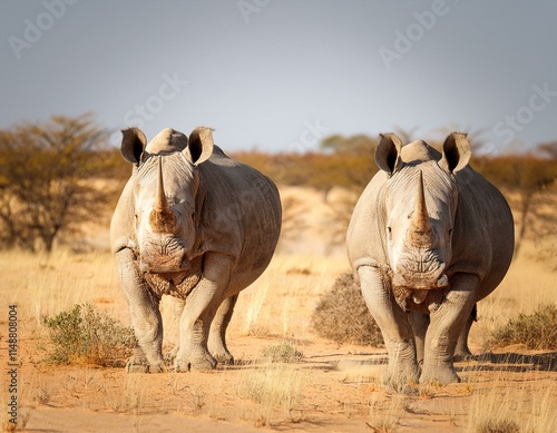 Two white rhinoceros, rhino portrait, wildlife safari and game drive in the Kalahari desert photo