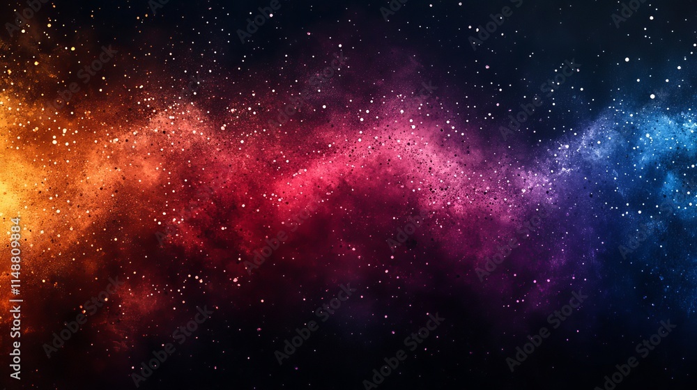 Naklejka premium Dark grainy gradient background, orange green yellow abstract swirl shape on black, noise texture effect, Generative AI