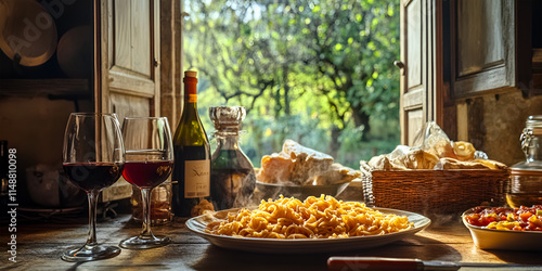 Wonderful homemade supper with Italian food in front of window
