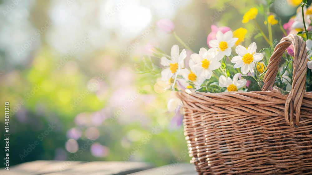 Obraz premium A detailed view of woven wicker from an Easter basket, softly focused on spring flowers in the background, creating a rustic and inviting atmosphere.