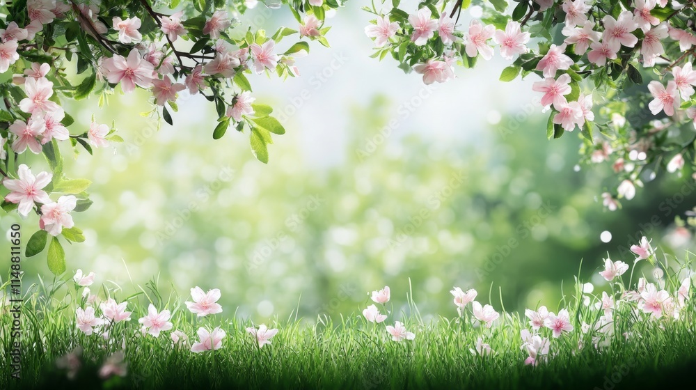 Obraz premium Blossoming pink flowers in a lush green garden nature scene springtime serenity soft focus eco-friendly aesthetic