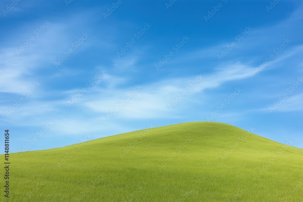 Rich green grassy hill slopes gently against clear vibrant blue sky dotted with wispy clouds. Perfect for nature scenery in rural park setting. Daylight fills scene. Beautiful natural colors. Ideal Rich green grassy hill slopes gently against clear vibrant blue sky dotted with wispy clouds. Perfect for nature scenery in rural park setting. Daylight fills scene. Beautiful natural colors. Ideal