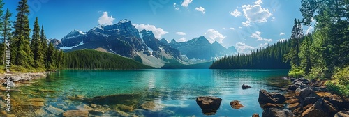 A mountain lake with a clear blue sky above
