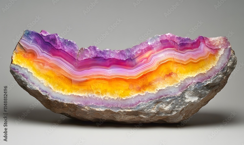 Sliced agate geode with vivid purple, yellow, and orange bands. Sliced agate geode with vivid purple, yellow, and orange bands.