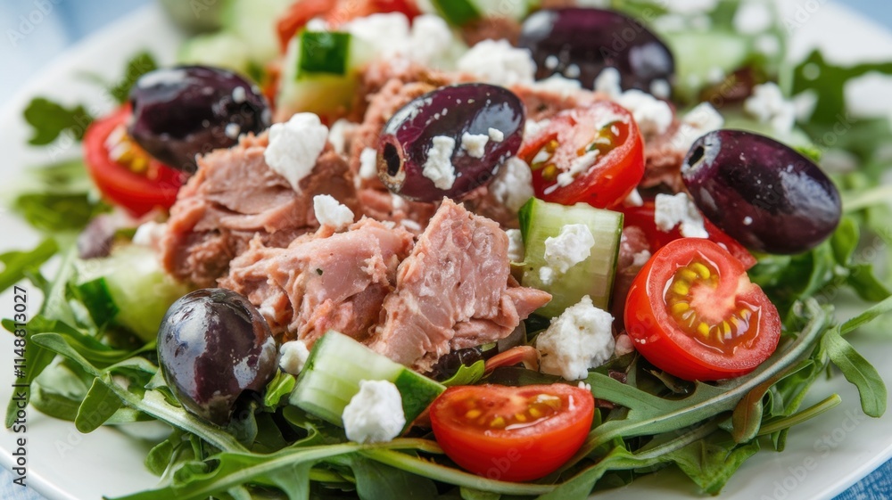 Mediterranean-style tuna salad with tuna slices, kalamata olives, cucumbers, cherry tomatoes and feta crumbs on a pillow of arugula. Mediterranean-style tuna salad with tuna slices, kalamata olives, cucumbers, cherry tomatoes and feta crumbs on a pillow of arugula.