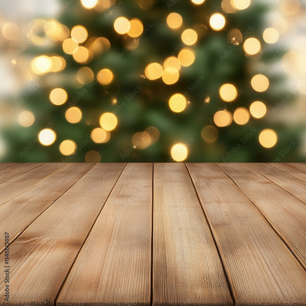 Rustic Christmas Table Mockup – Empty Wooden Surface with Festive Background Ideal for Menus, Designs, or Holiday Branding Templates, м
