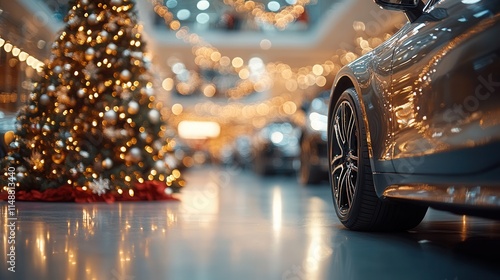 New Year Automotive Mockup – Festive Car Display with Christmas Tree and Lights, Ideal Template for Text, Promotions, or Dealership Campaigns
