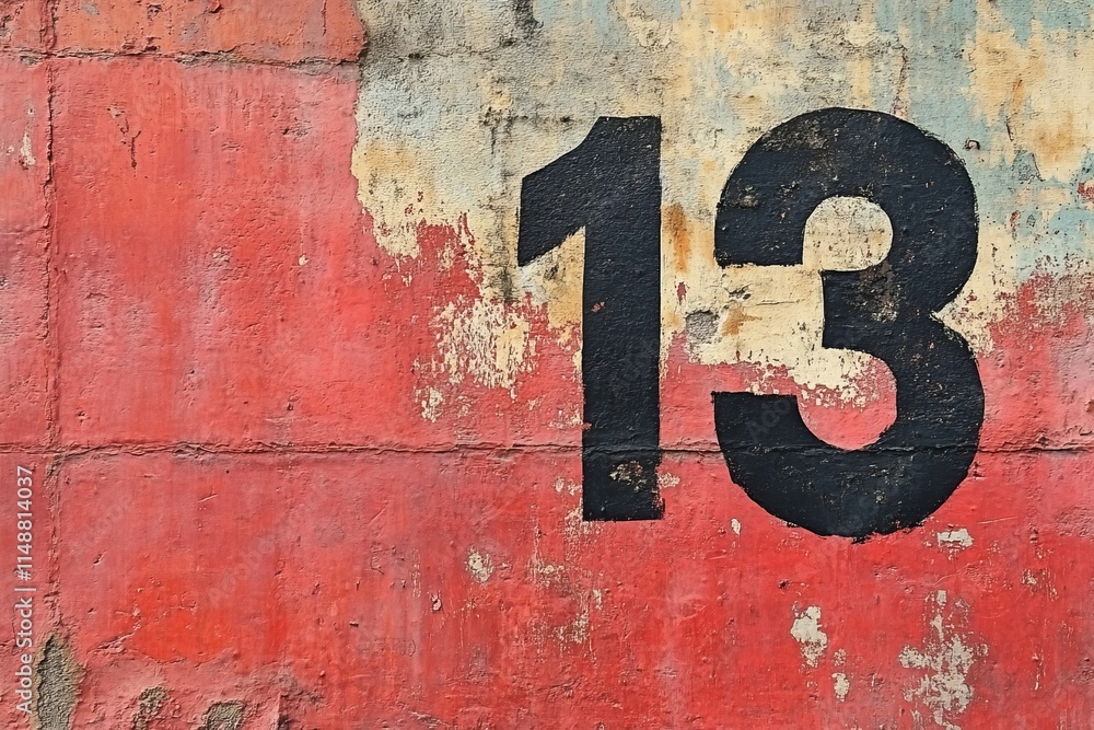 number 13 painted with black stencil on dirty red concrete wall, Baker's dozen concept, Generative AI number 13 painted with black stencil on dirty red concrete wall, Baker's dozen concept, Generative AI