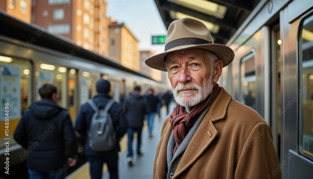 Stylish older gentleman in a trendy coat and hat waiting at a bustling urban train station during a sunny afternoon Stylish older gentleman in a trendy coat and hat waiting at a bustling urban train station during a sunny afternoon