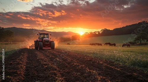 Tractor plowing field at sunset with horses grazing in the background