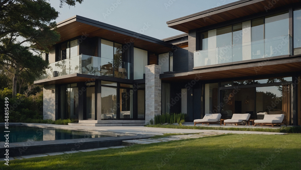 Obraz premium Contemporary two-story home with a swimming pool. Features a stone accent wall, large windows, and a wooden deck. Modern design with dark-colored framing. Lush green lawn surrounds the property.