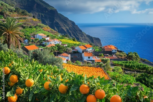 Wallpaper Mural Tenerife,village,surrounded,citrus,groves,vibrant,orange,green,contrasting,deep,blue,sea, Torontodigital.ca