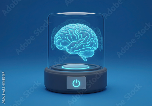 Concept of digital mind control with a blue power on switch to activate brainwashing - isolated on blue background 3D cartoon