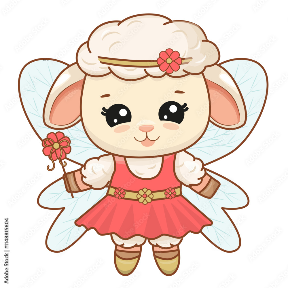 Obraz premium Adorable sheep in fairy costume standing with magic wand. Sheep in dress with headband on head. Vector illustration for poster, greeting card and design for kids.