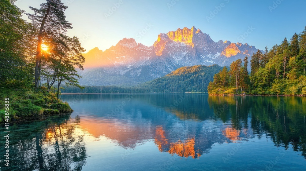 Fototapeta premium Majestic sunrise over alpine lake and mountain range.