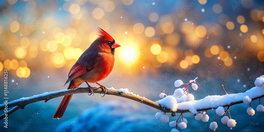 Cardinal Silhouette on Snowy Branch, Winter Bokeh Lights Cardinal Silhouette on Snowy Branch, Winter Bokeh Lights