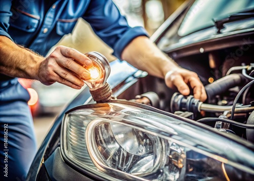 Car Headlight Bulb Replacement: Close-up on Mechanic Repairing Headlights with New Bulbs photo