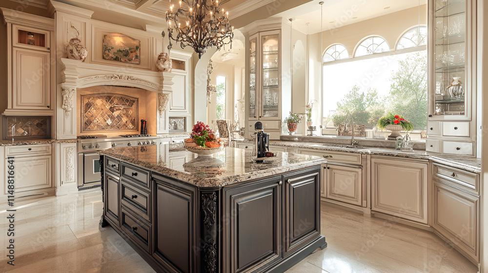 Fototapeta premium kitchen, interior, home, house, design, room, furniture, luxury, architecture, contemporary, new, apartment, cabinet, wood, nobody, floor, table, window, light, oven, indoors, indoor, style, sink, wal