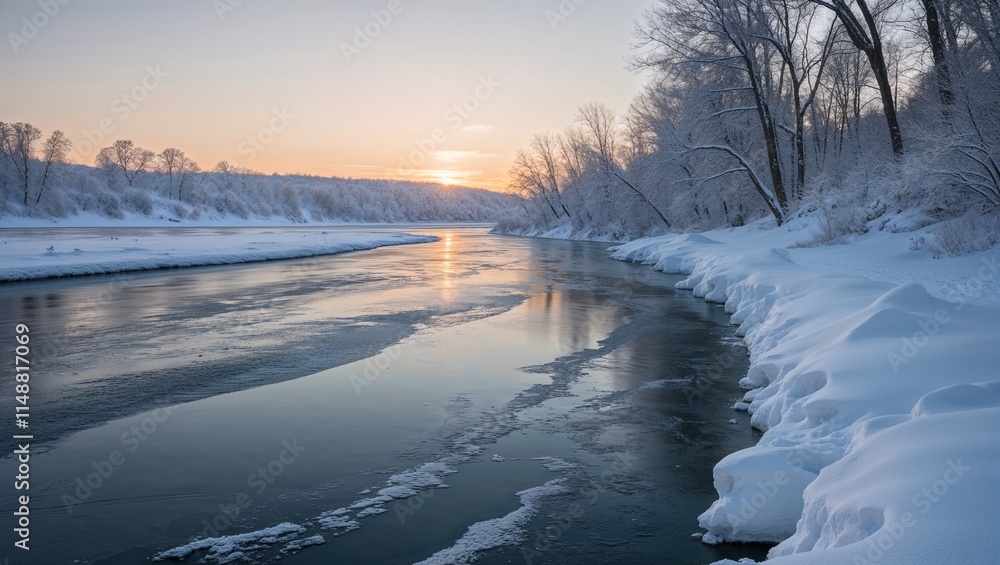 Winter Landscape with a Frozen River Bank, Covered in Snow and Ice, Embracing the Serenity and Beauty of the Cold Season Winter Landscape with a Frozen River Bank, Covered in Snow and Ice, Embracing the Serenity and Beauty of the Cold Season