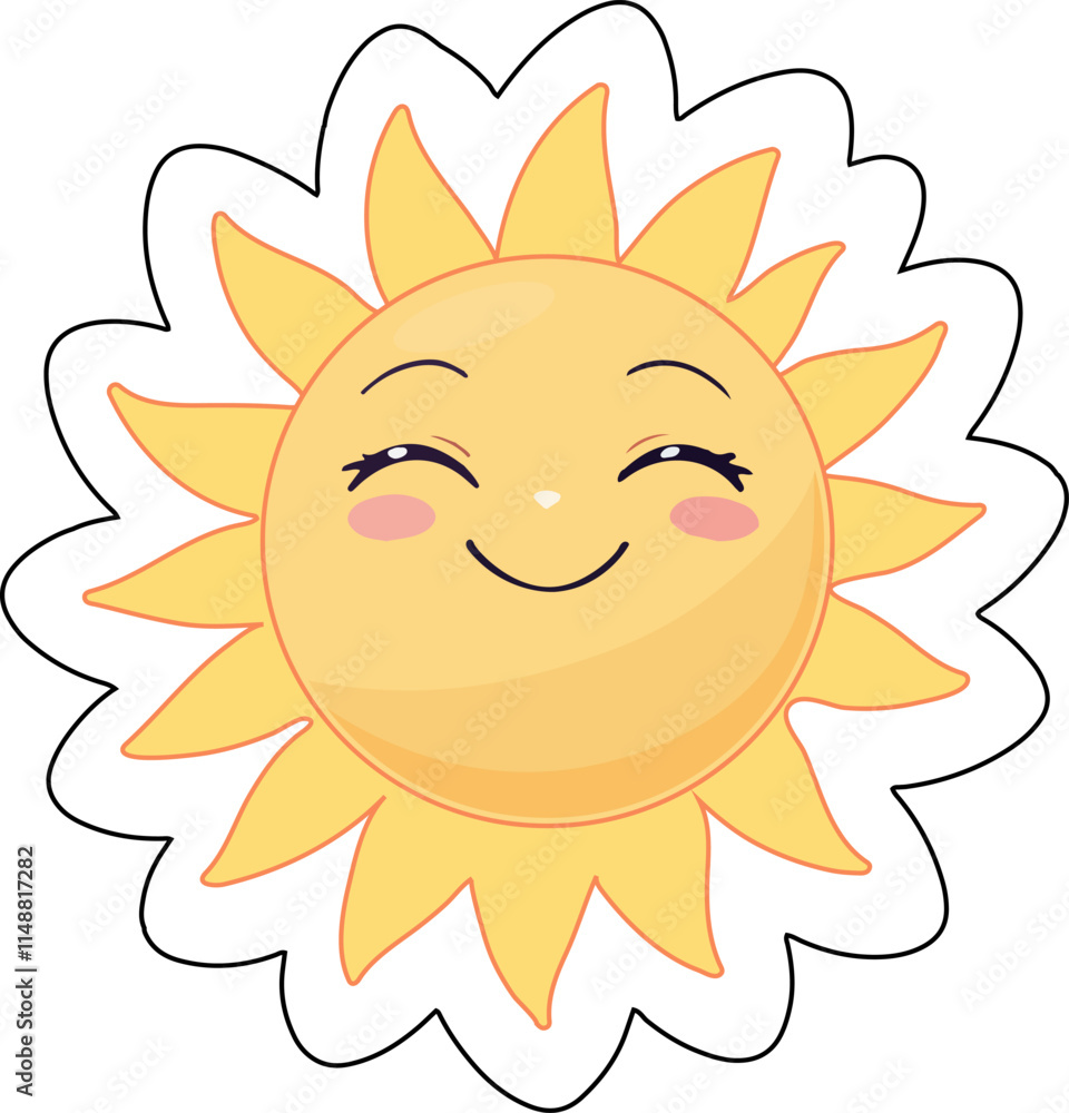 A sun sticker with a warm, endearing smile, perfect for digital and physical use, set on a clean white background. A sun sticker with a warm, endearing smile, perfect for digital and physical use, set on a clean white background.
