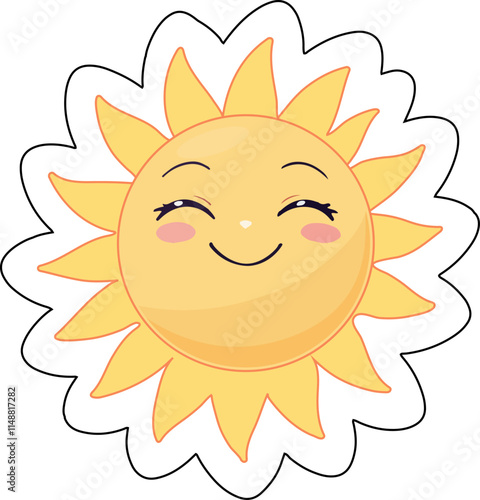 A sun sticker with a warm, endearing smile, perfect for digital and physical use, set on a clean white background.