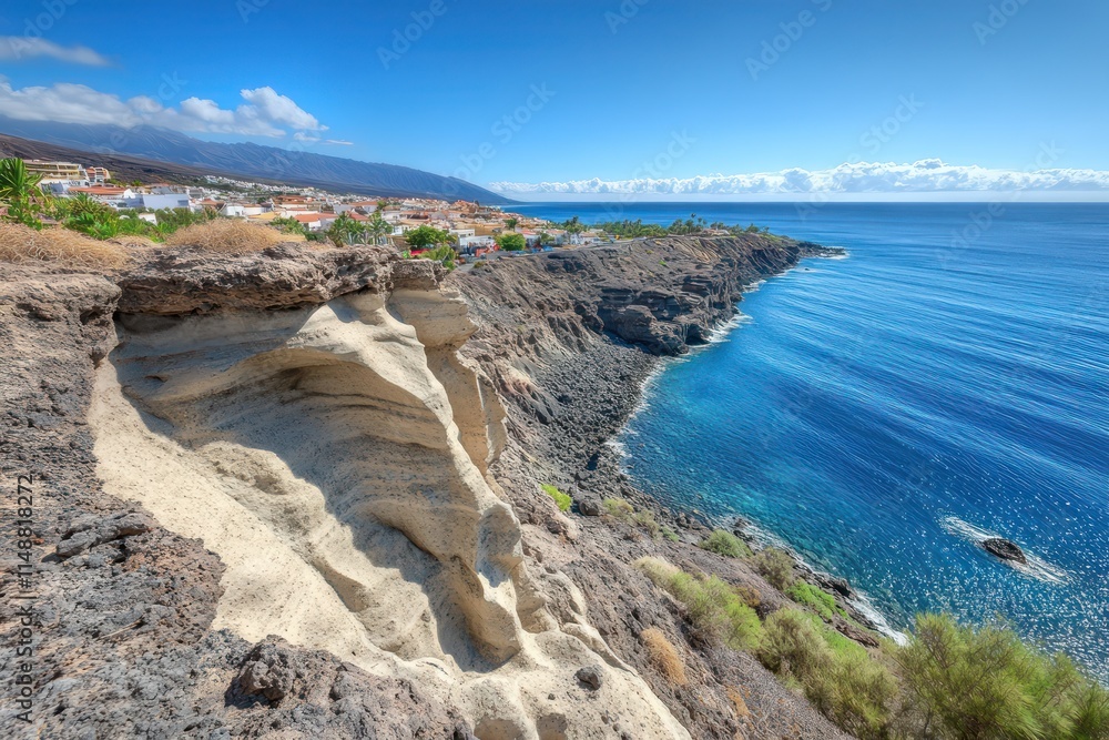Fototapeta premium Coastal,erosion,Tenerife,village,striking,geological,formations,clear,view,horizon,