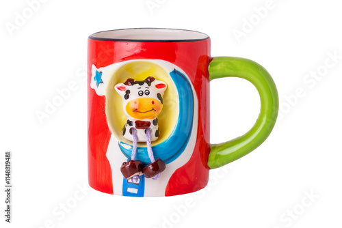 Funny muliticolored child mug with a carved cow isolated on a white background. Clipping path. photo